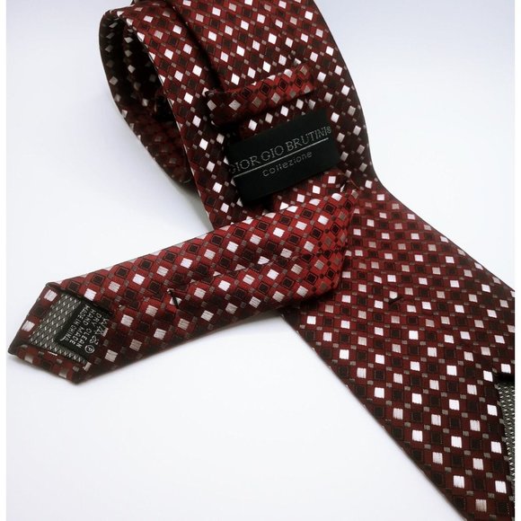 Giorgio Brutini Collezione Men's Tie Maroon Silver Geometric Diamond Print Ties - Picture 5 of 11